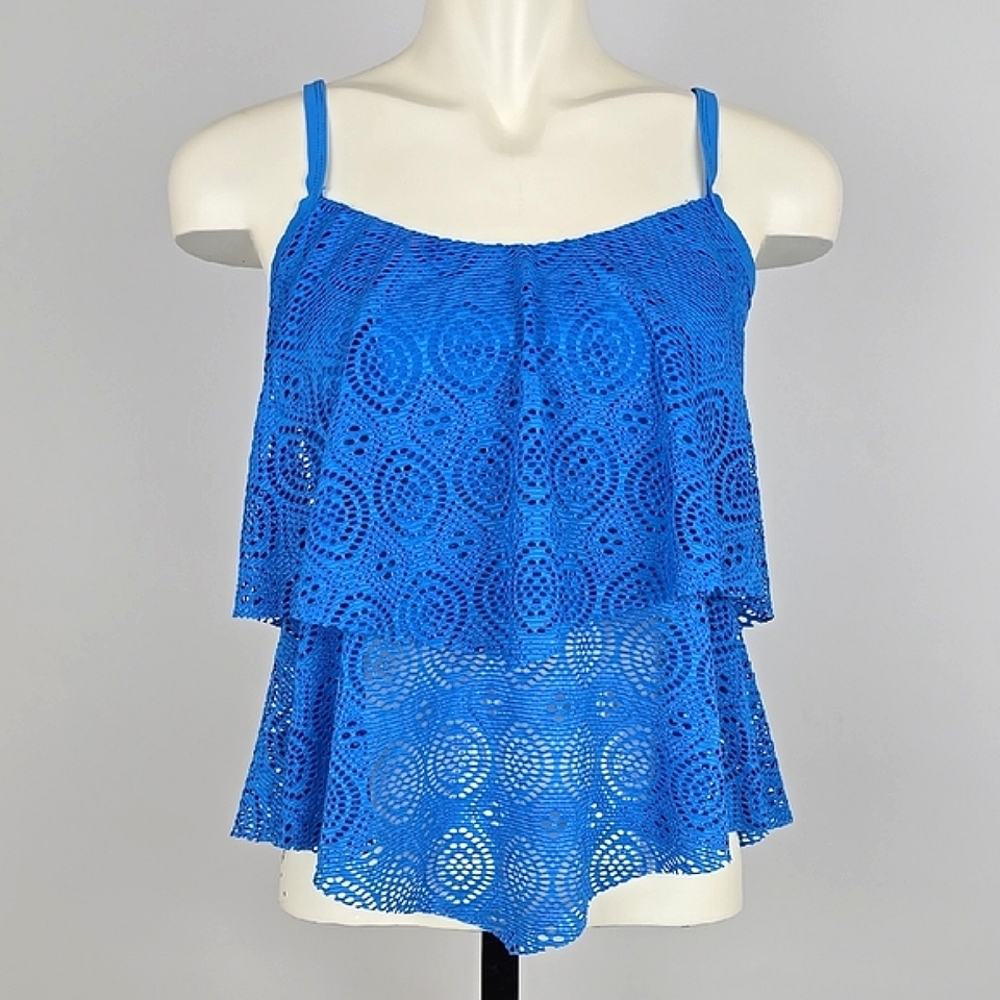 Simon Chang Solutions Women's Solid Blue 2 Tiered Ruffles Swim Tankini Top 8